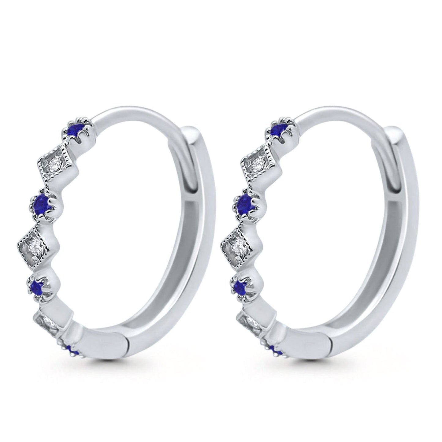 Art Deco Huggie Hoop Earrings Round Simulated Blue Sapphire CZ  (18mm)