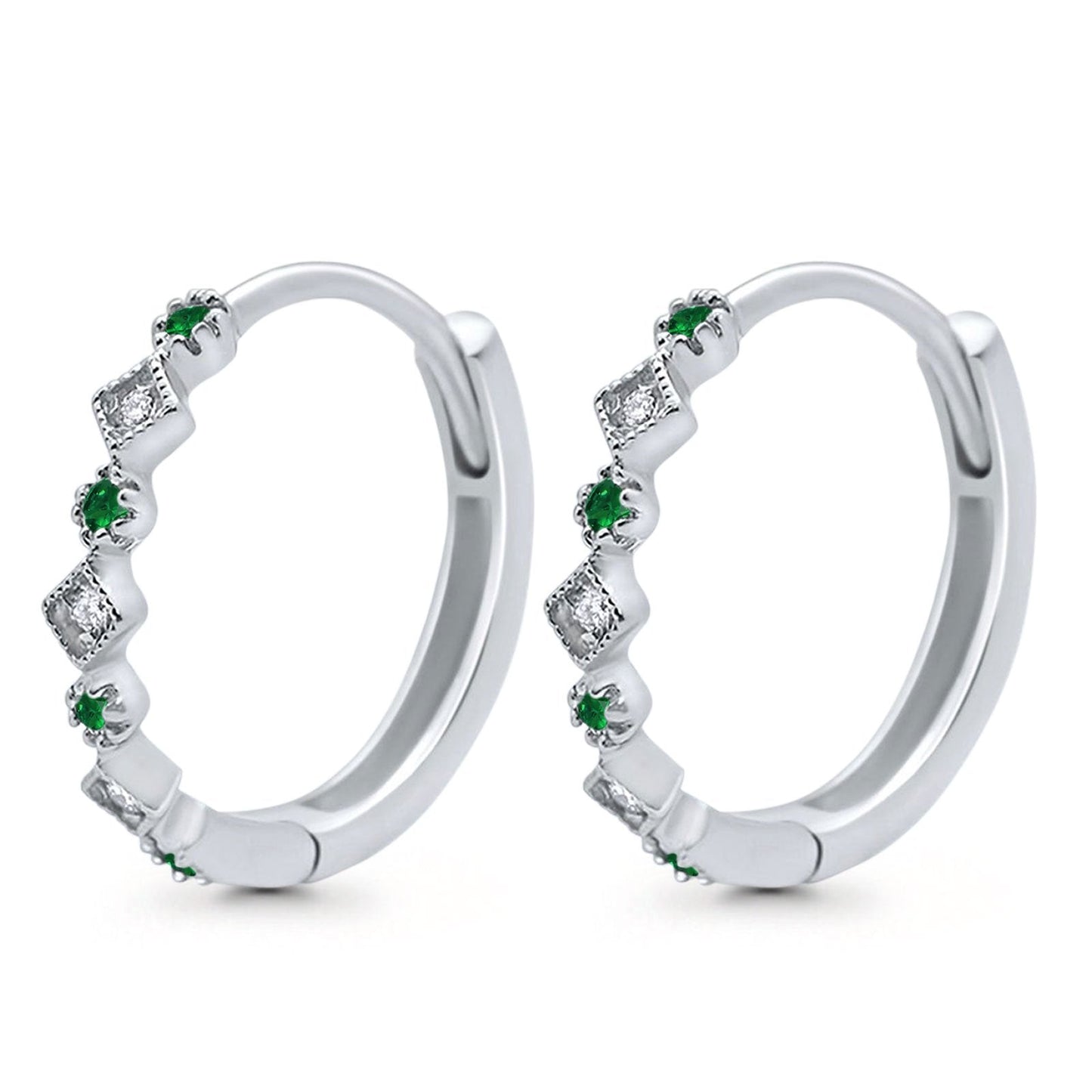 Art Deco Huggie Hoop Earrings Round Simulated Green Emerald CZ (18mm)