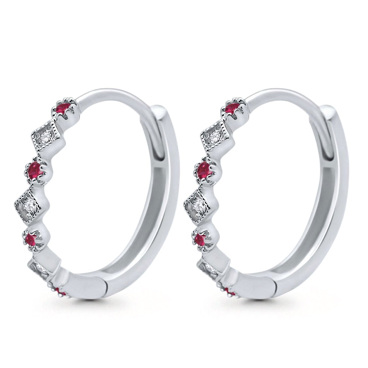 Art Deco Huggie Hoop Earrings Round Simulated Ruby CZ (18mm)