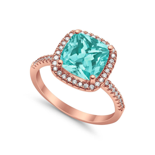 Halo Engagement Ring Accent Cushion Rose Tone, Simulated Paraiba Tourmaline CZ