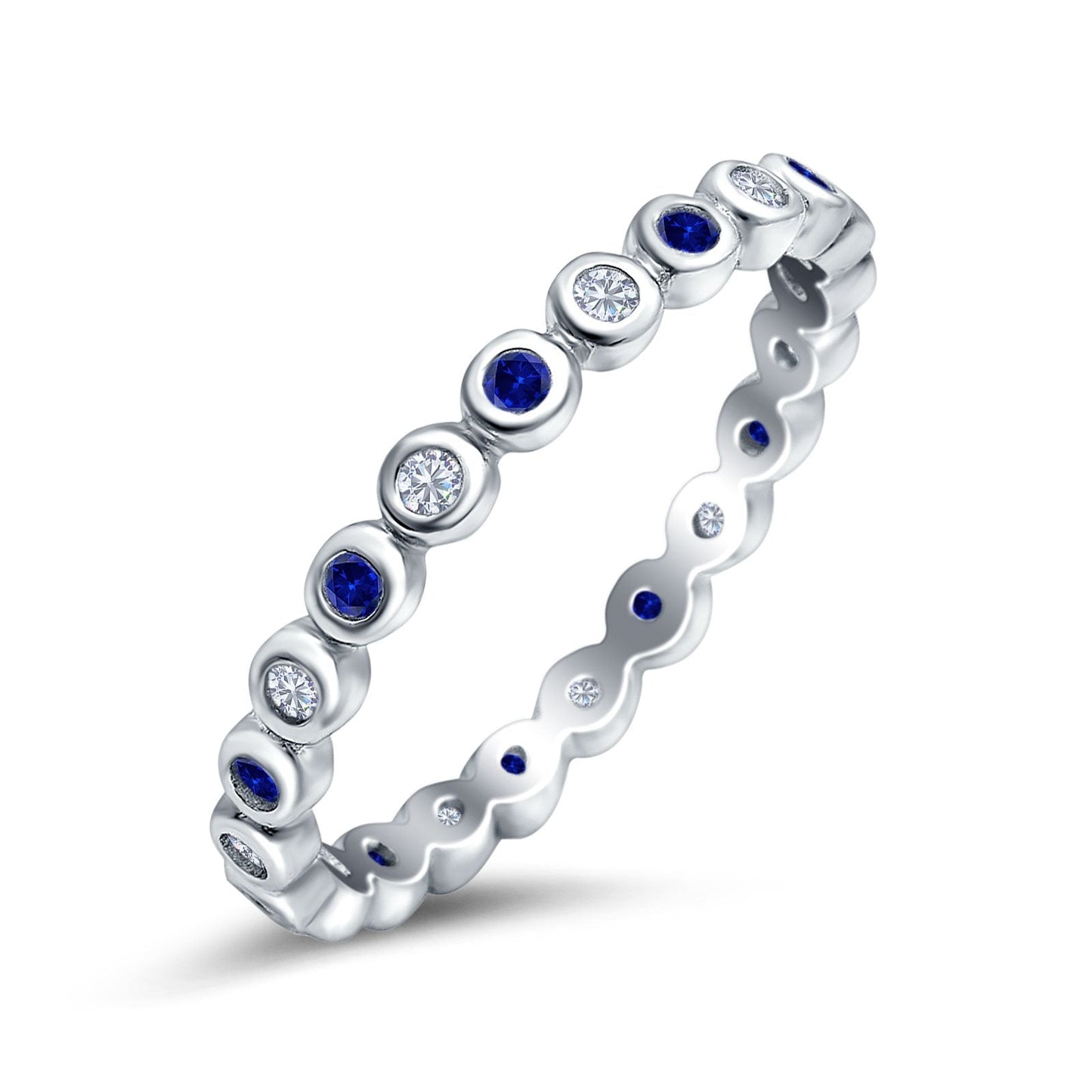 Full Eternity 2.5mm Round Blue Sapphire Cubic Zirconia Wedding Stackable  Band Ring