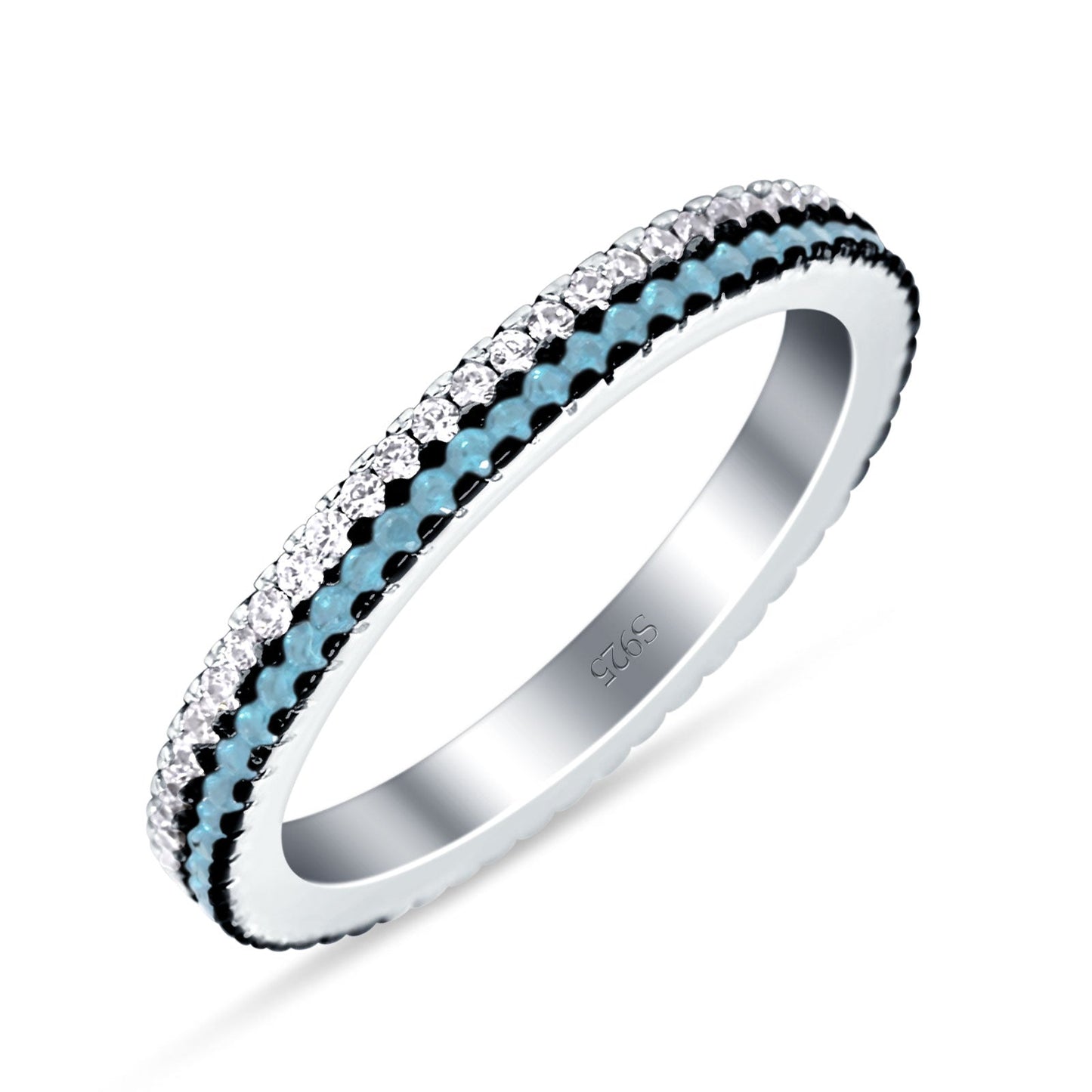 Full Eternity Stackable Band Round Aquamarine Cubic Zirconia Ring