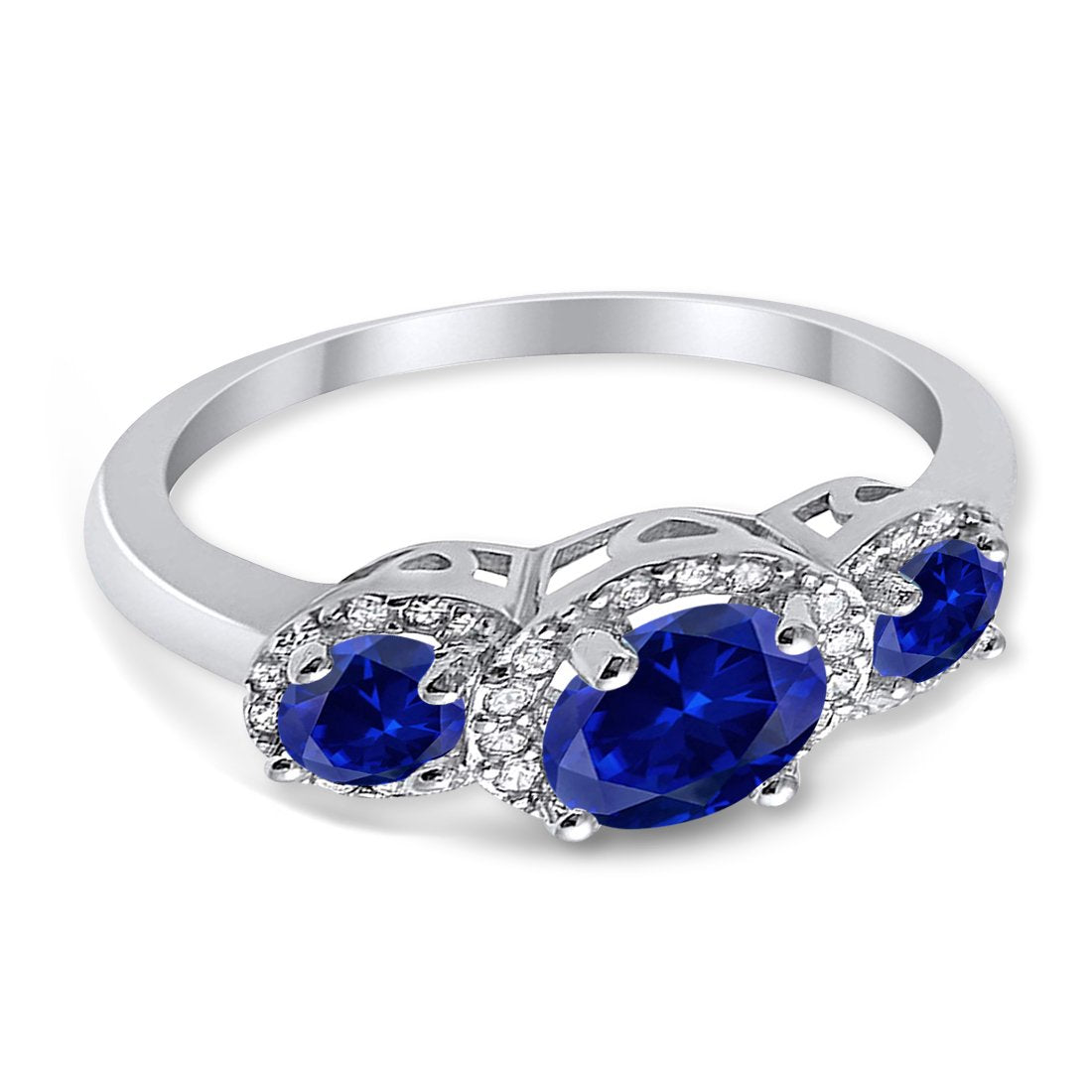 Three Stone Simulated Blue Sapphire CZ Wedding Ring