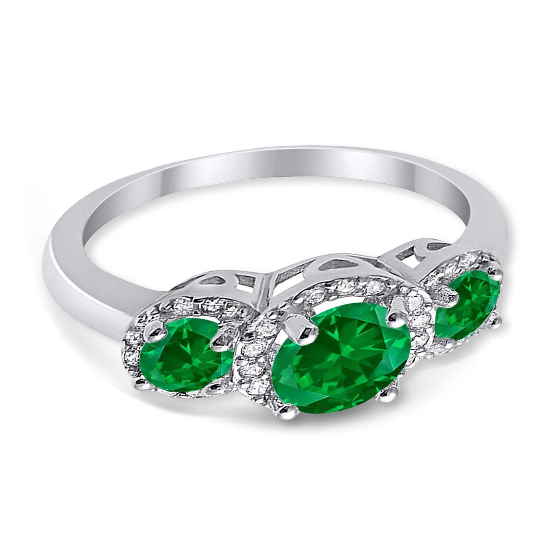 Three Stone Simulated Green Emerald CZ Wedding Ring