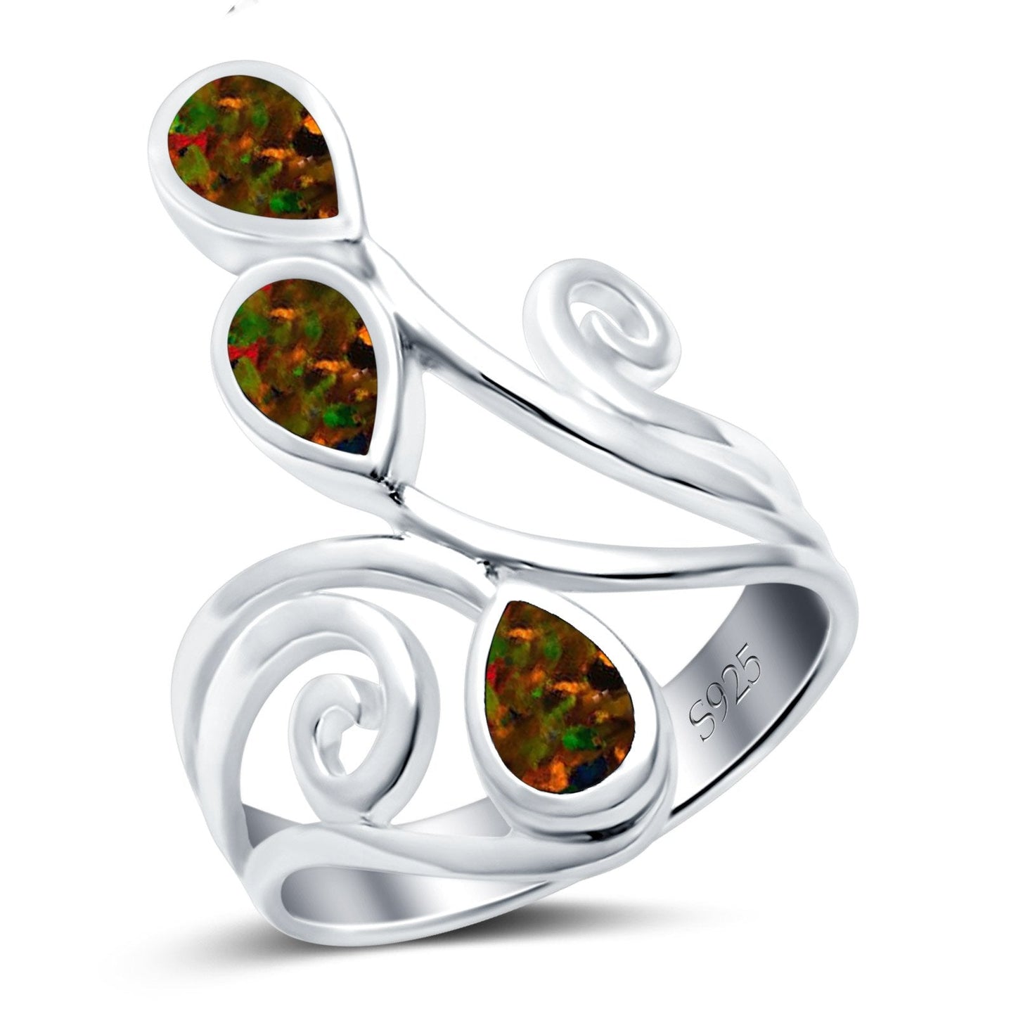 Teardrop Pear Lab Created Black Opal Swirl Spiral Ring