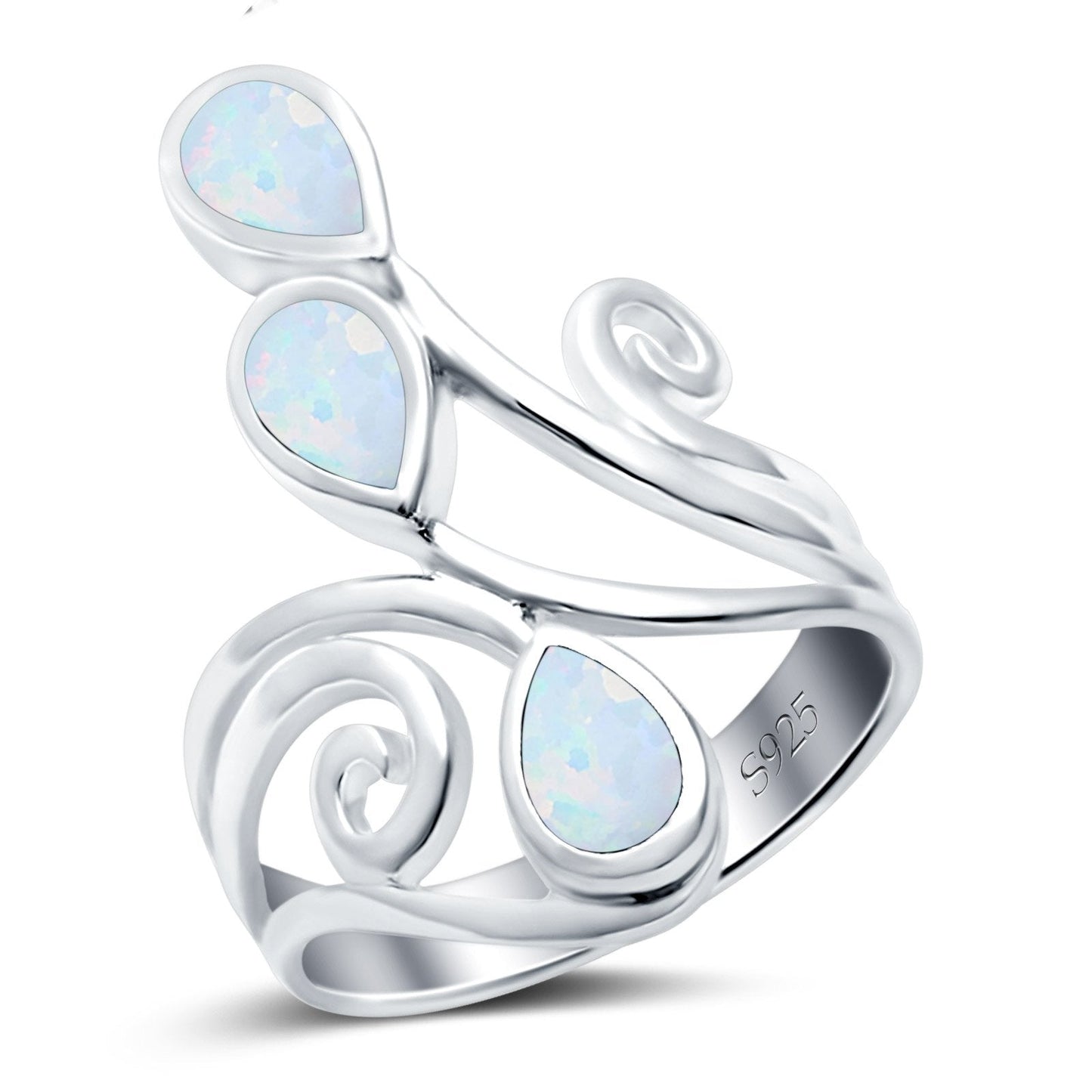 Teardrop Pear Lab Created White Opal Swirl Spiral Ring