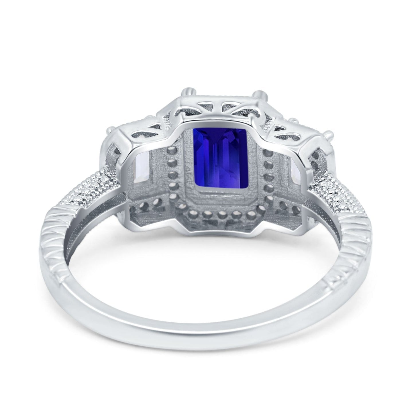 Emerald Cut Halo Engagement Ring Simulated Blue Sapphire CZ