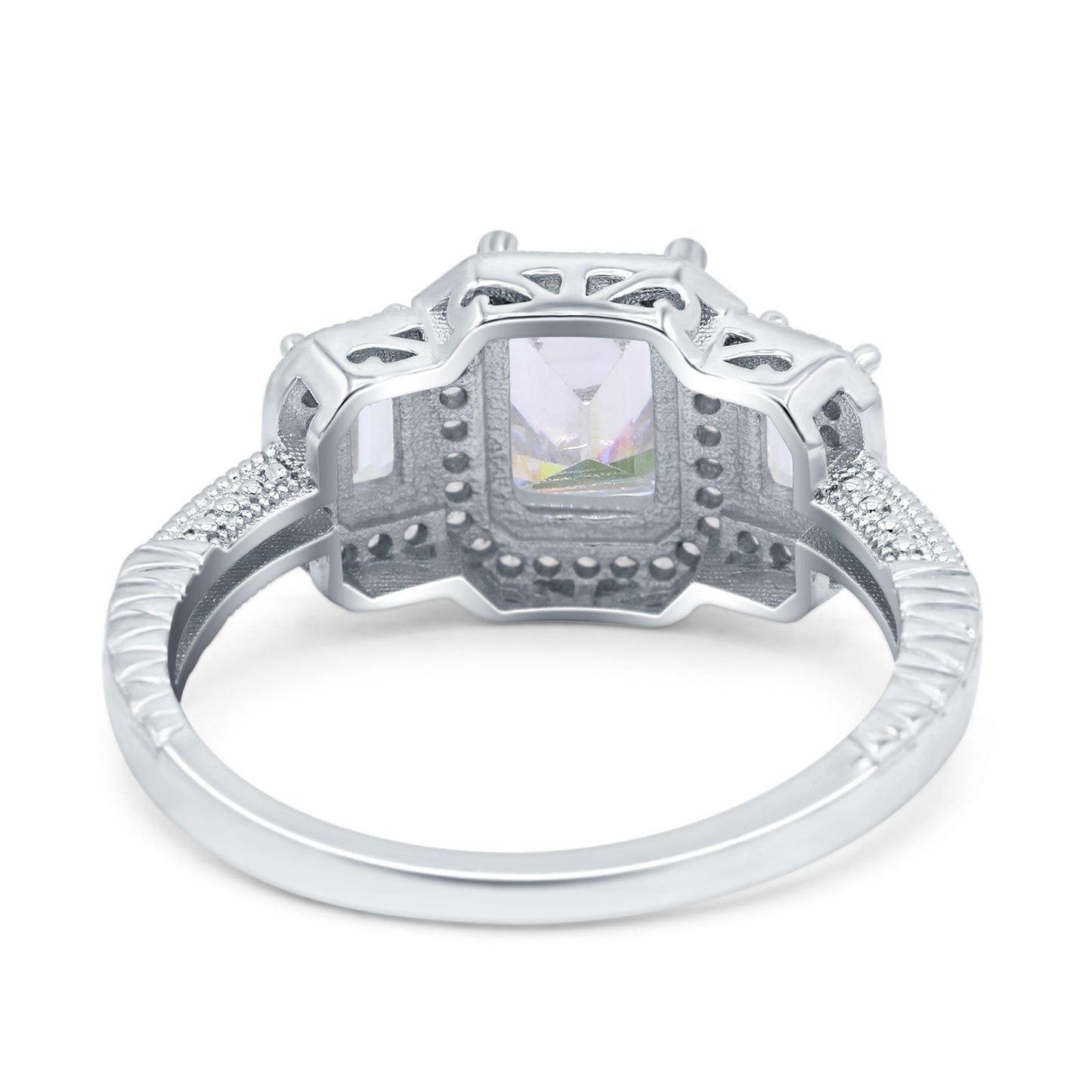 Emerald Cut Halo Simulated Cubic Zirconia Engagement Ring