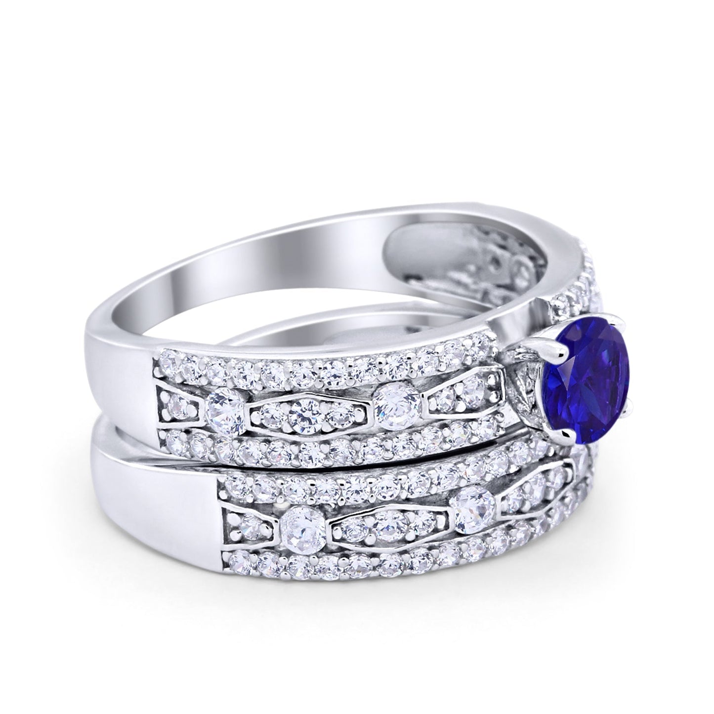 Art Deco Two Piece Bridal Set Wedding Ring Band Round Simulated Blue Sapphire CZ