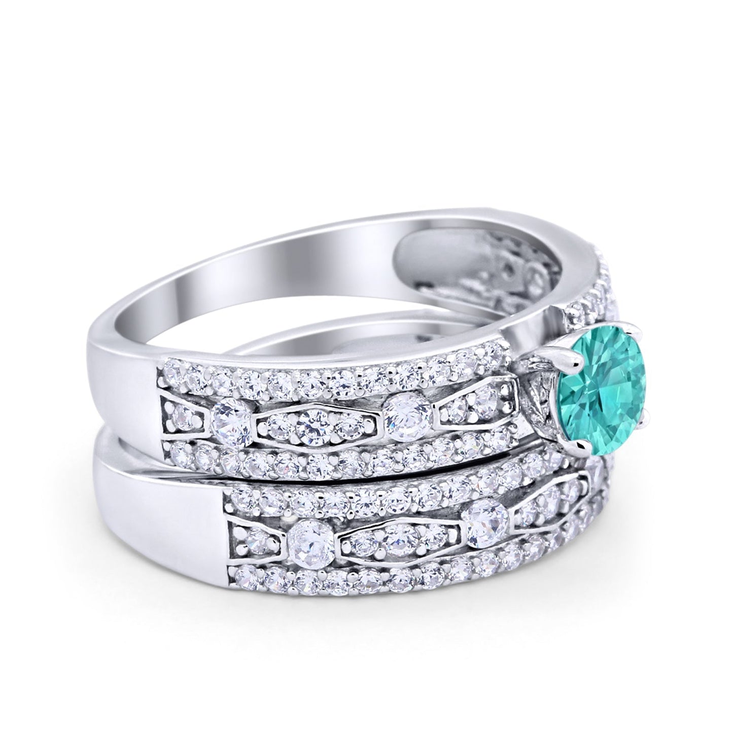 Art Deco Two Piece Bridal Set Wedding Ring Band Round Simulated Paraiba Tourmaline CZ