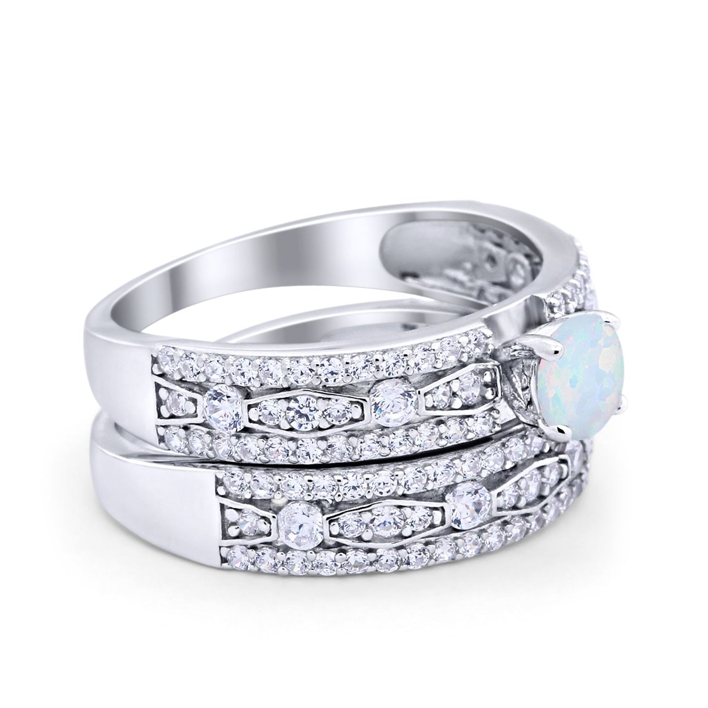 Art Deco Two Piece Bridal Set Wedding Ring Band Round Lab Created White Opal