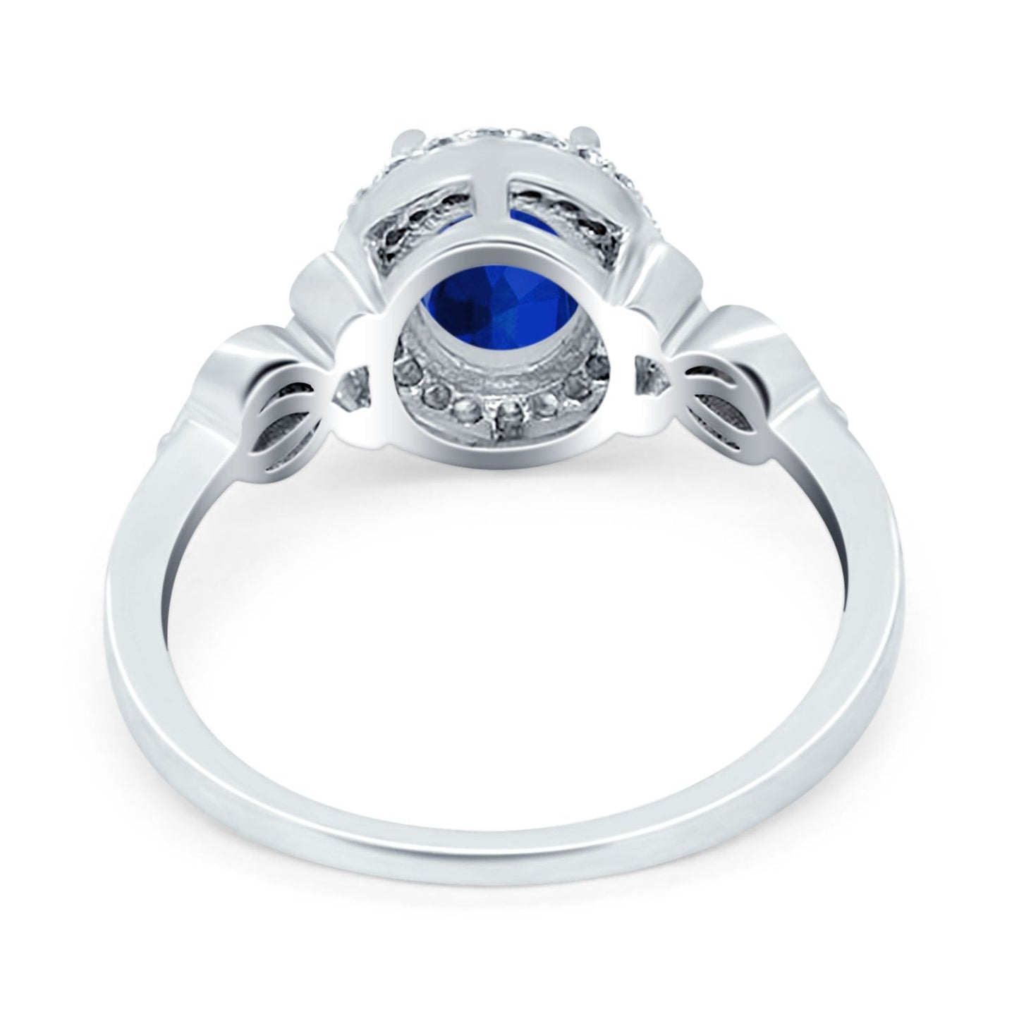 Oval Halo Simulated Blue Sapphire CZ Engagement Ring