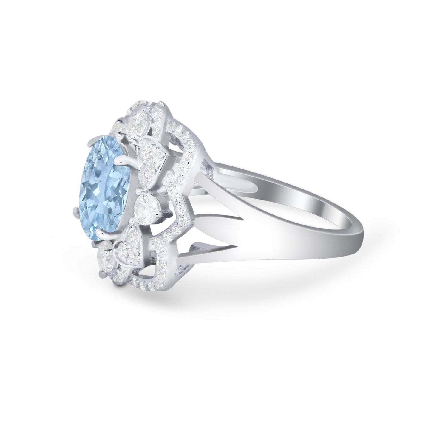 Art Deco Oval Wedding Ring Simulated Aquamarine CZ