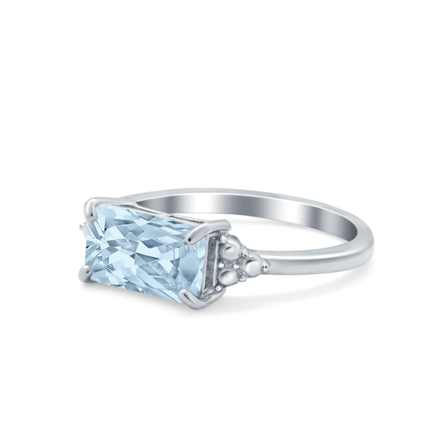 Emerald Cut Sideways Simulated Aquamarine CZ Ring