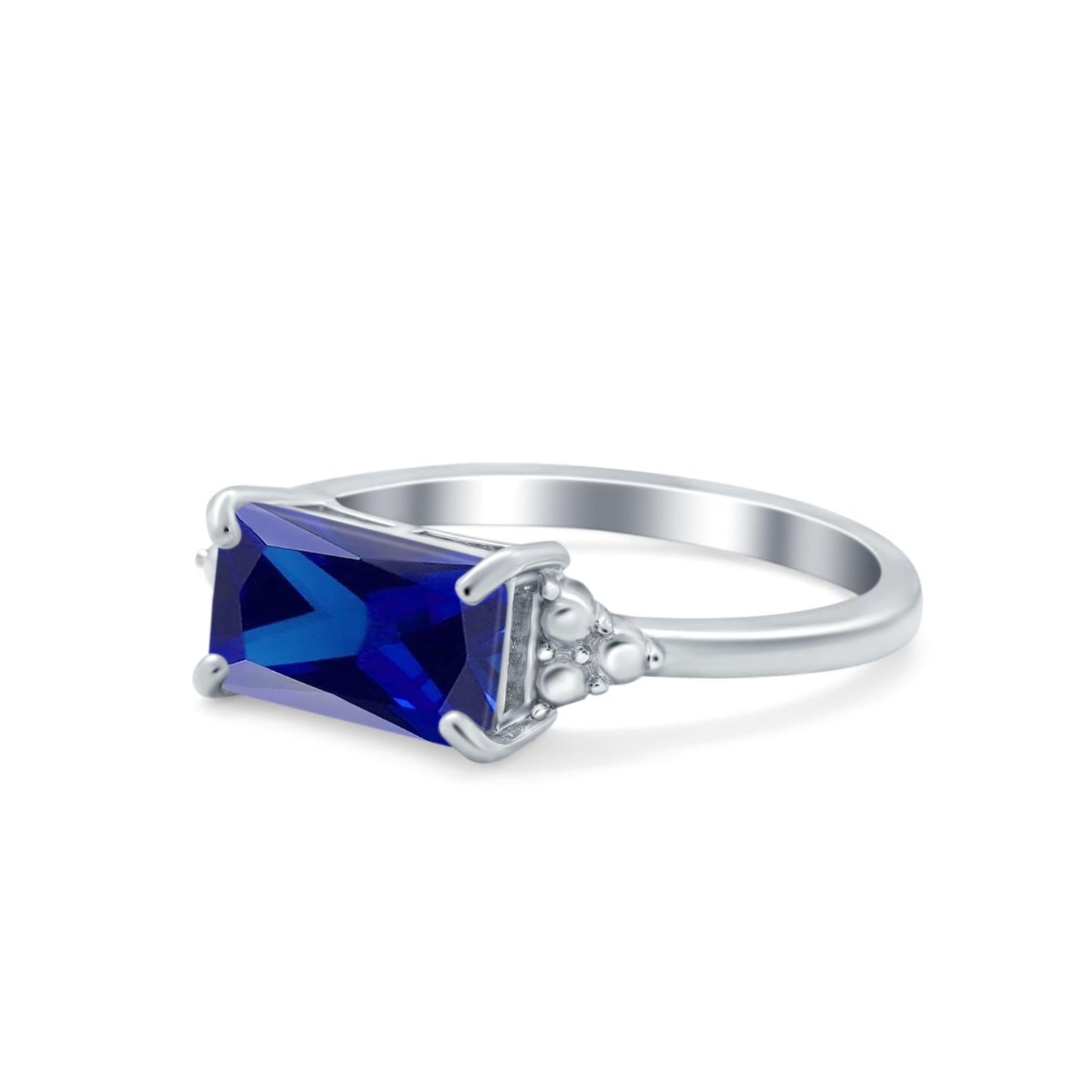 Emerald Cut Sideways Simulated Blue Sapphire CZ Ring