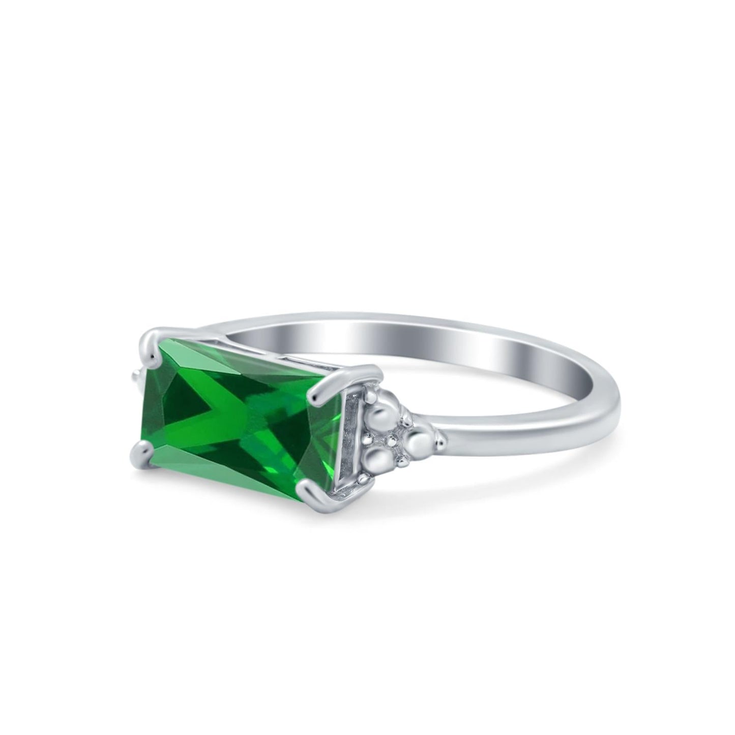 Emerald Cut Sideways Simulated Green Emerald CZ Ring