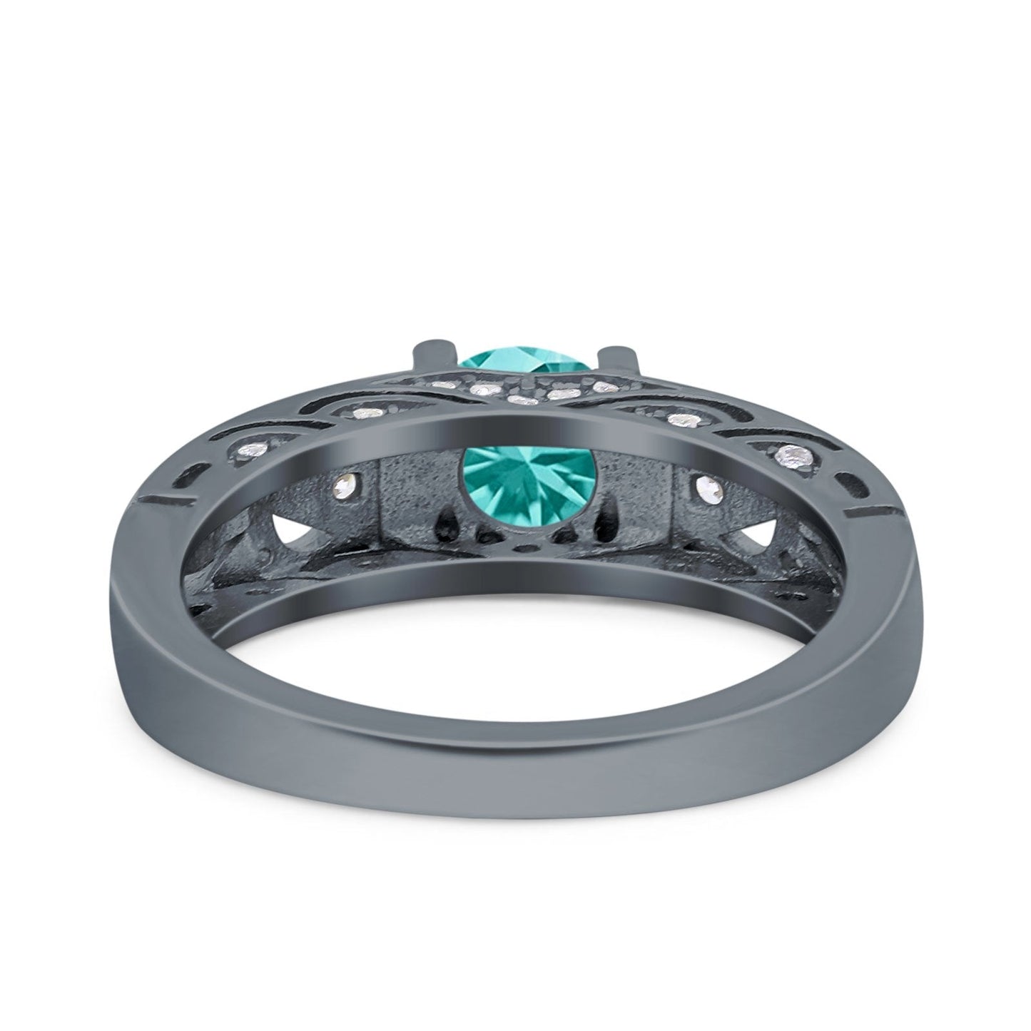 Art Deco Wedding Bridal Ring Band Round Black Tone, Simulated Paraiba Tourmaline CZ