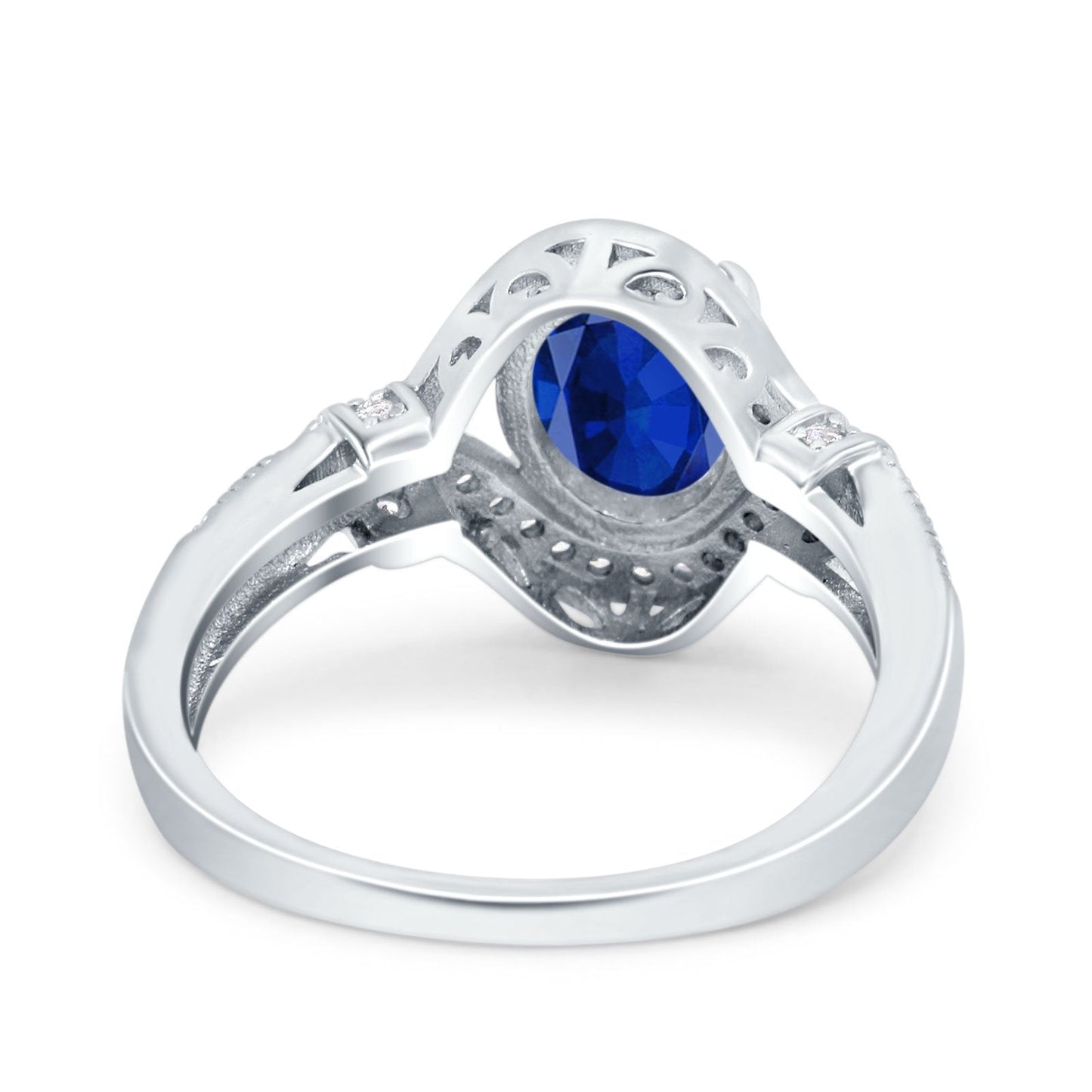 Oval Art Deco Wedding Ring Accent Vintage Simulated Blue Sapphire CZ