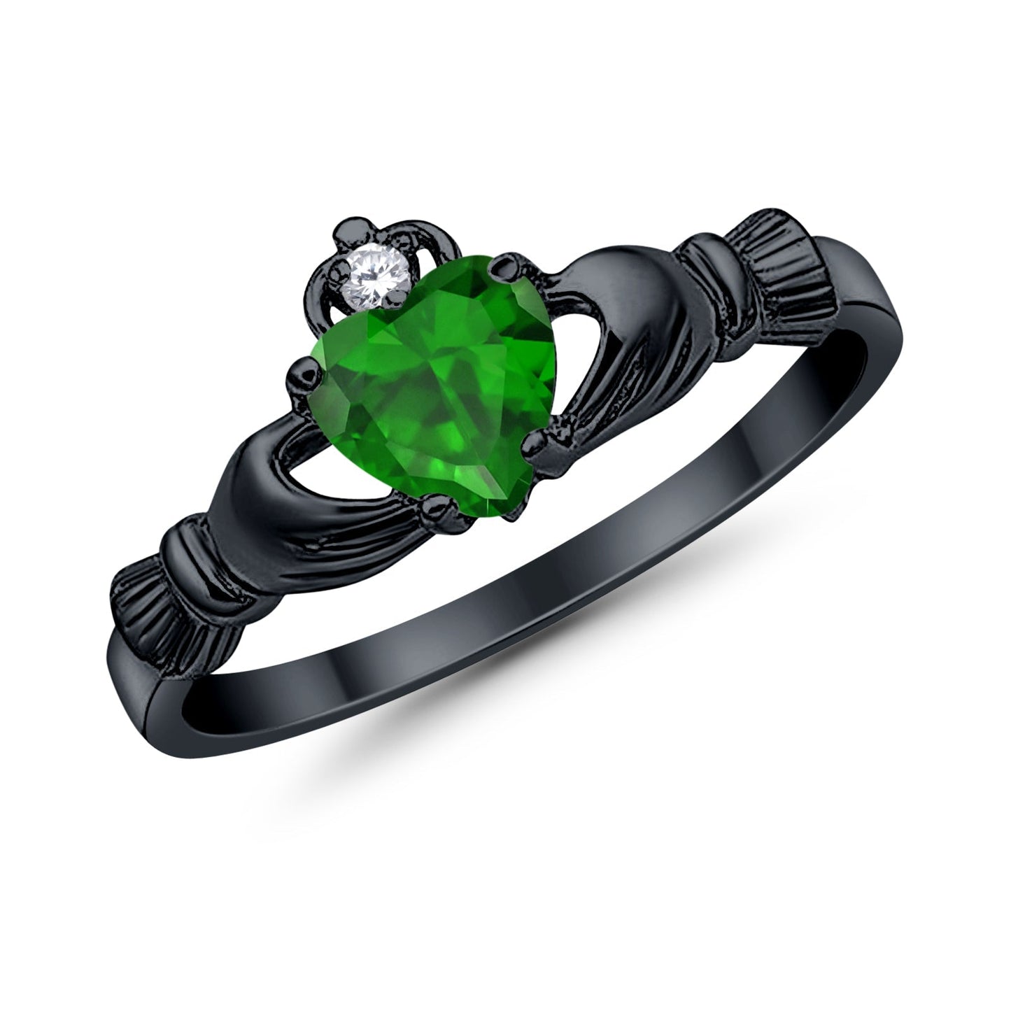 Claddagh Heart Promise Ring Simulated Green Emerald Black Tone