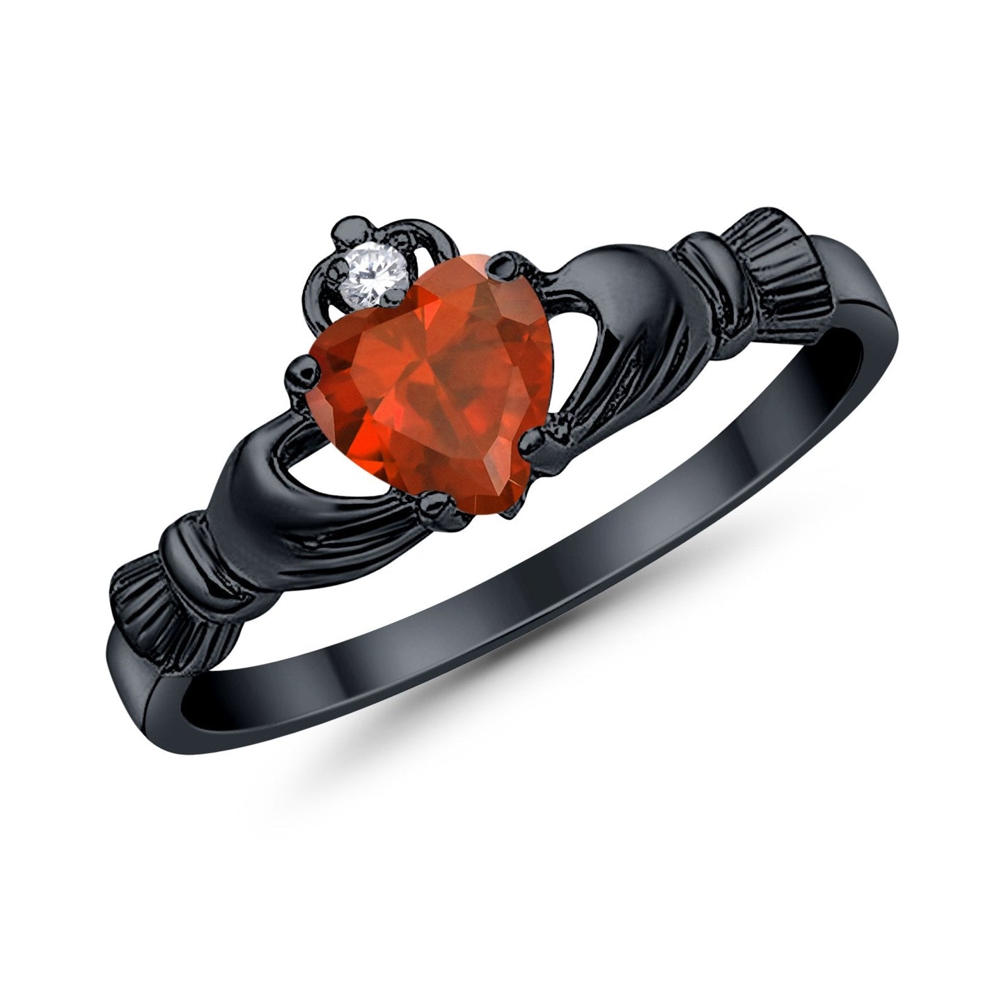 Heart Shape Black Tone, Simulated Garnet CZ Claddagh Wedding Ring