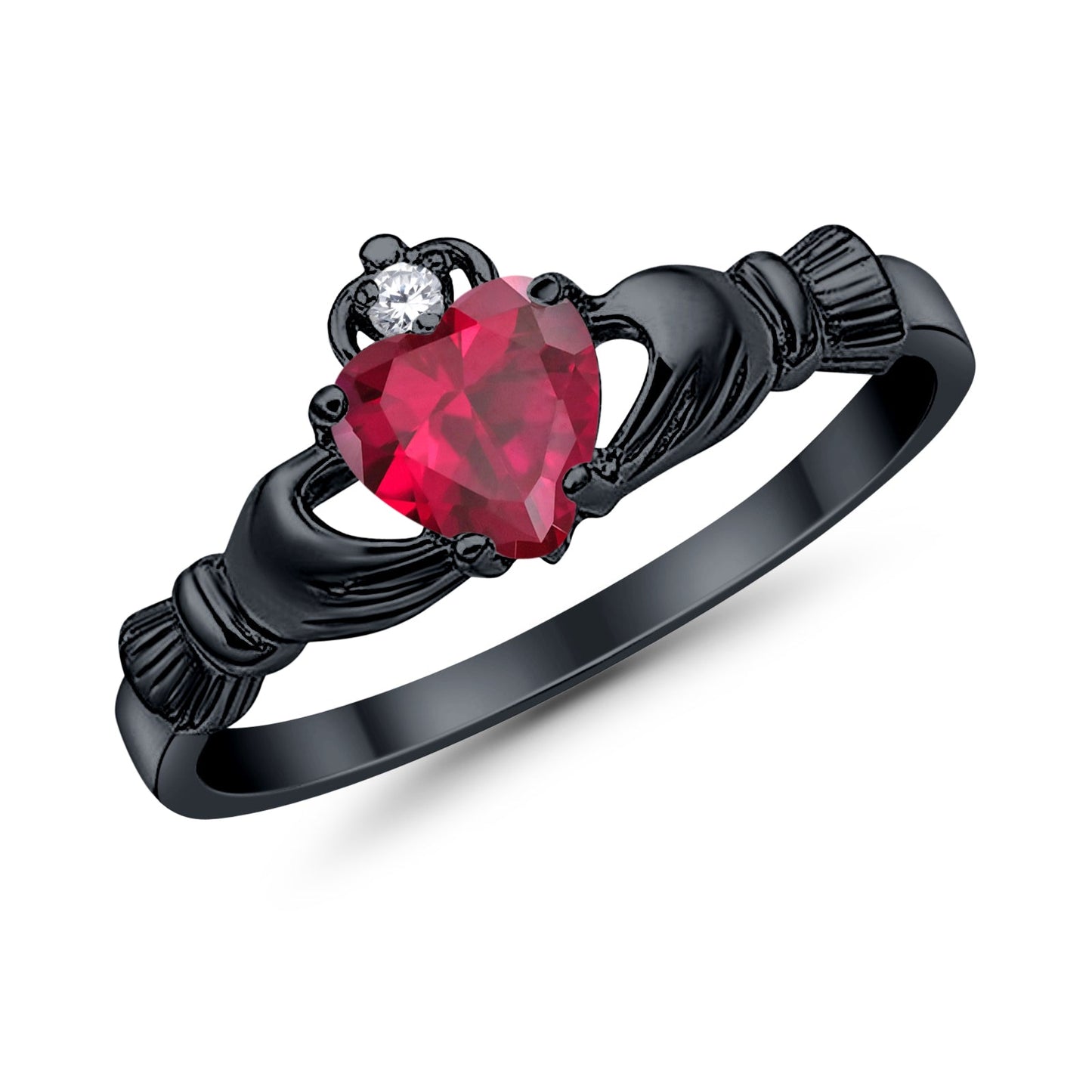 Irish Claddagh Heart Promise Ring Black Tone, Simulated Ruby CZ