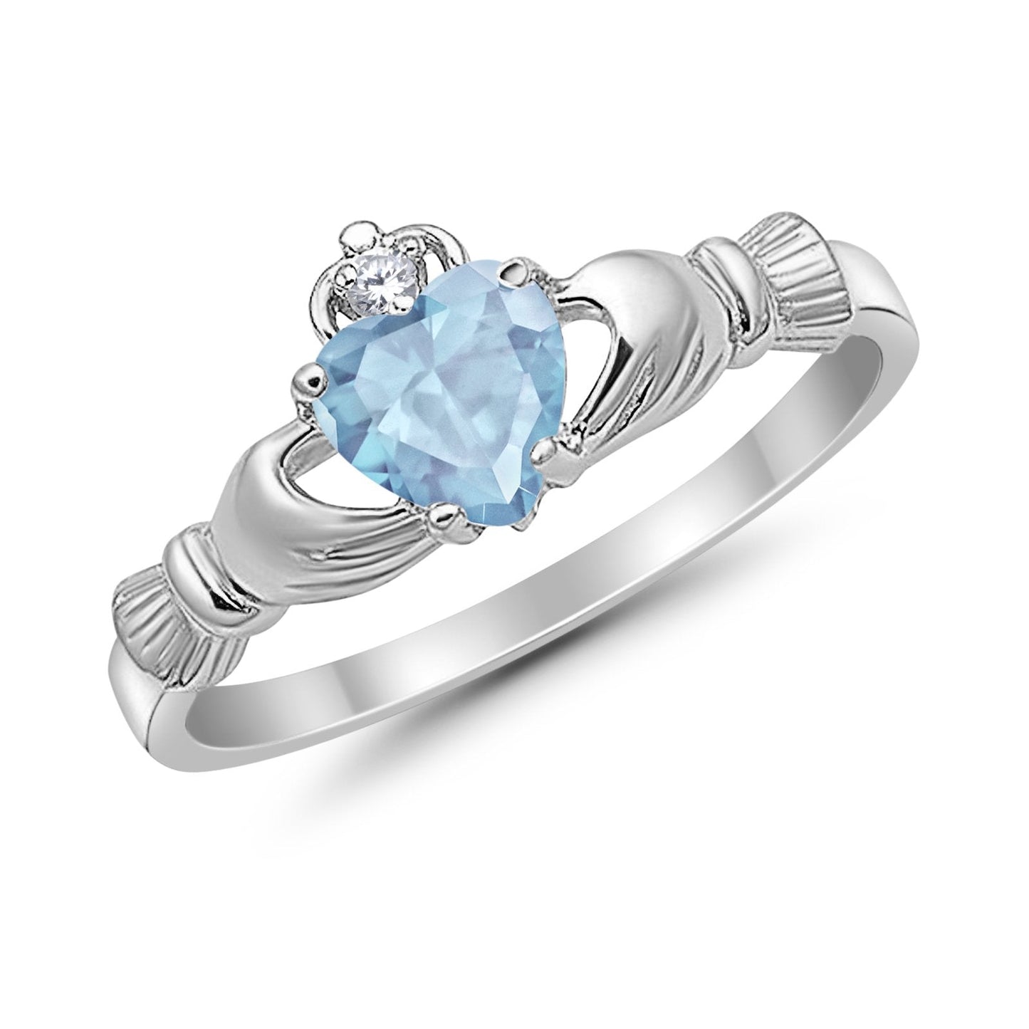 Heart Shape Simulated Aquamarine CZ Claddagh Wedding Ring