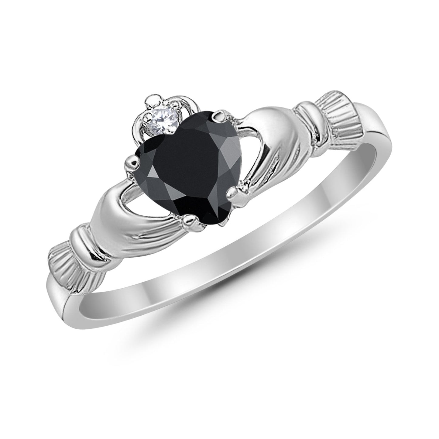 Heart Shape Simulated Black CZ Claddagh Wedding Ring