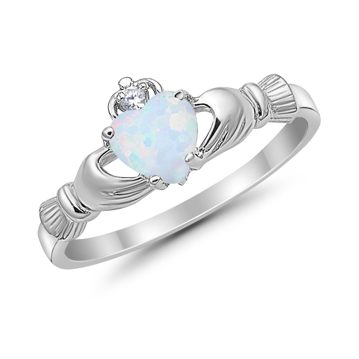 Heart Shape Lab Created White Opal Claddagh Wedding Ring