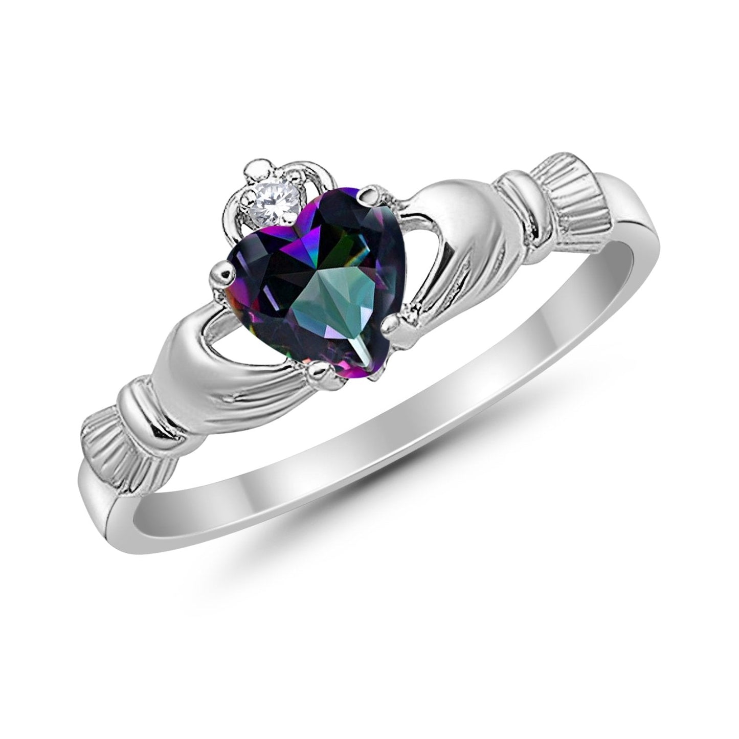 Heart Shape Simulated Rainbow CZ Claddagh Wedding Ring