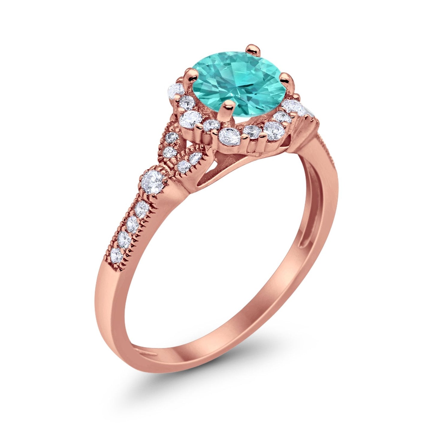 Floral Art Deco Engagement Ring Rose Tone, Simulated Paraiba Tourmaline CZ