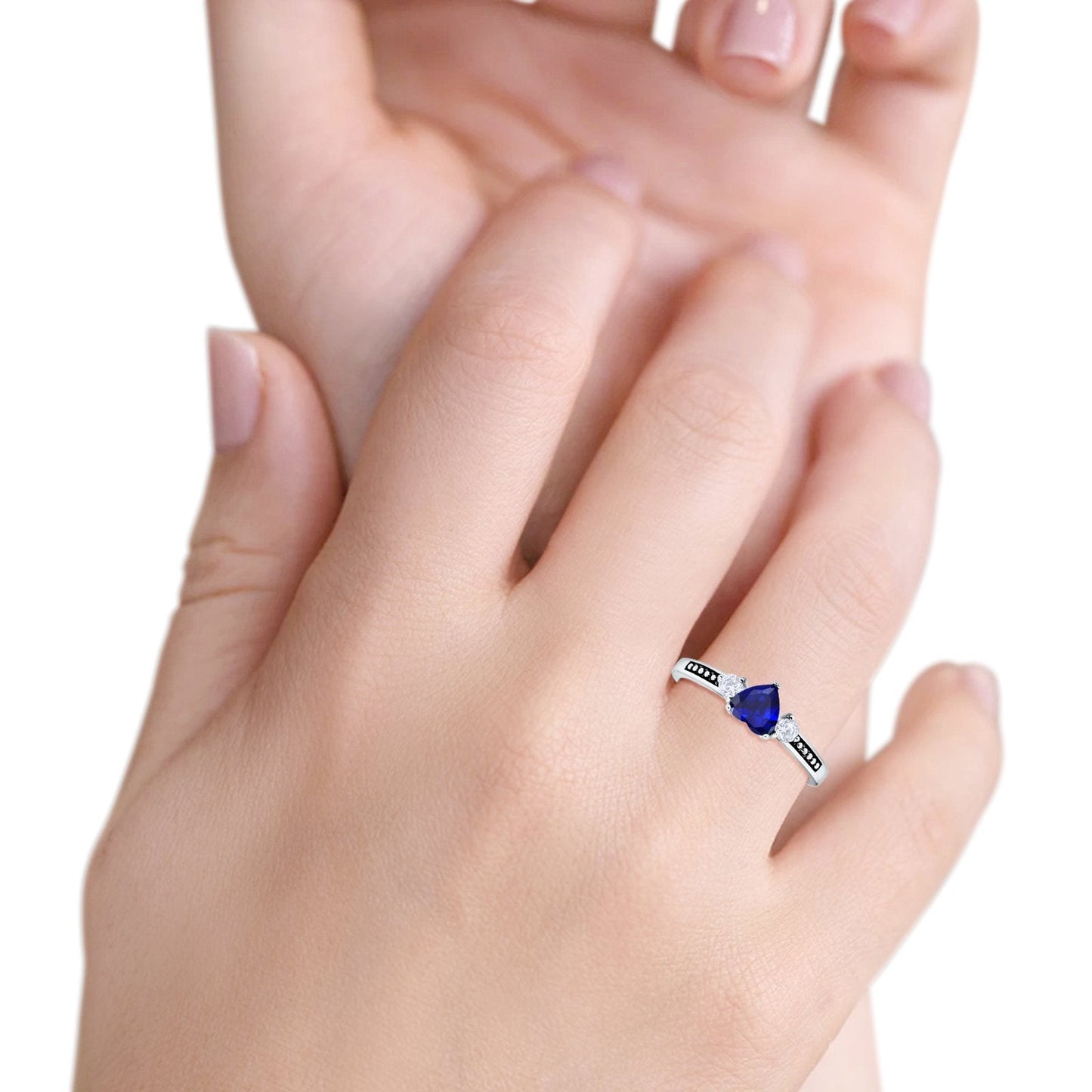 Heart Promise Ring Simulated Blue Sapphire CZ Black Accent