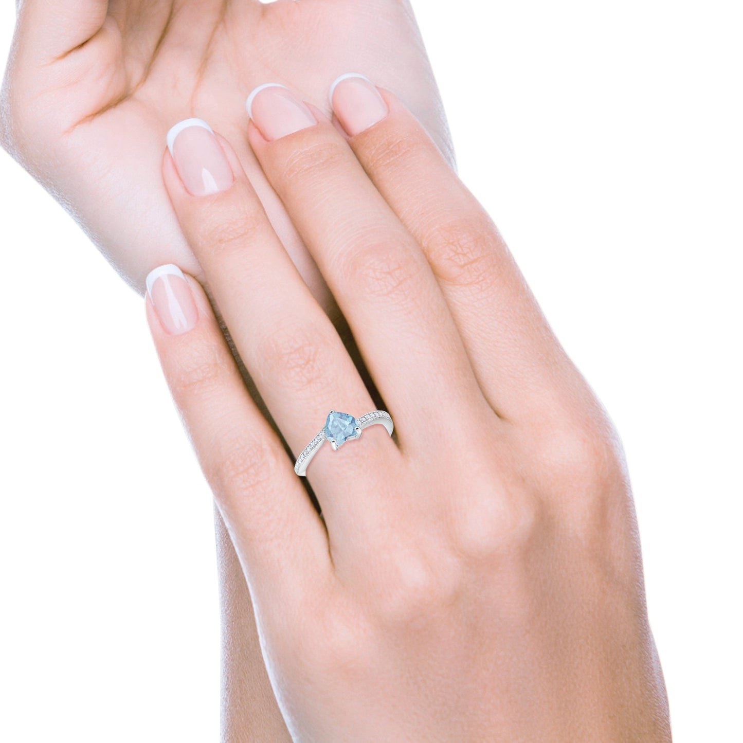 Heart Promise Ring Round Simulated Aquamarine CZ