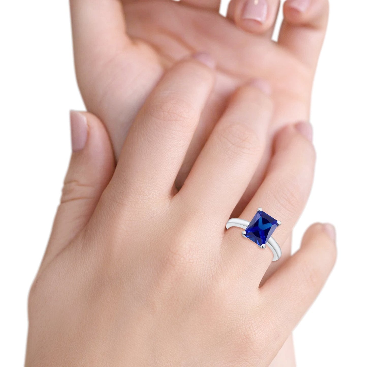 Solitaire Engagement Ring Radiant Simulated Blue Sapphire CZ