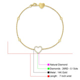 14K Gold 7" Open Heart Round Natural Diamond Bracelet
