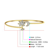14K Gold 7" Palm Tree & Moon Bangle Round Natural Diamond Bracelet