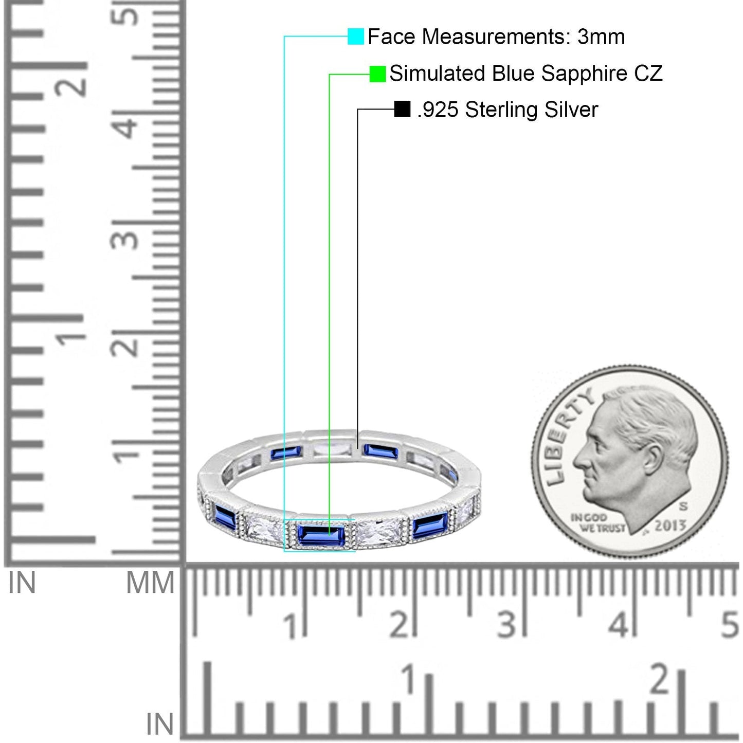 Art Deco Baguette Full Eternity Wedding Band Simulated Blue Sapphire CZ