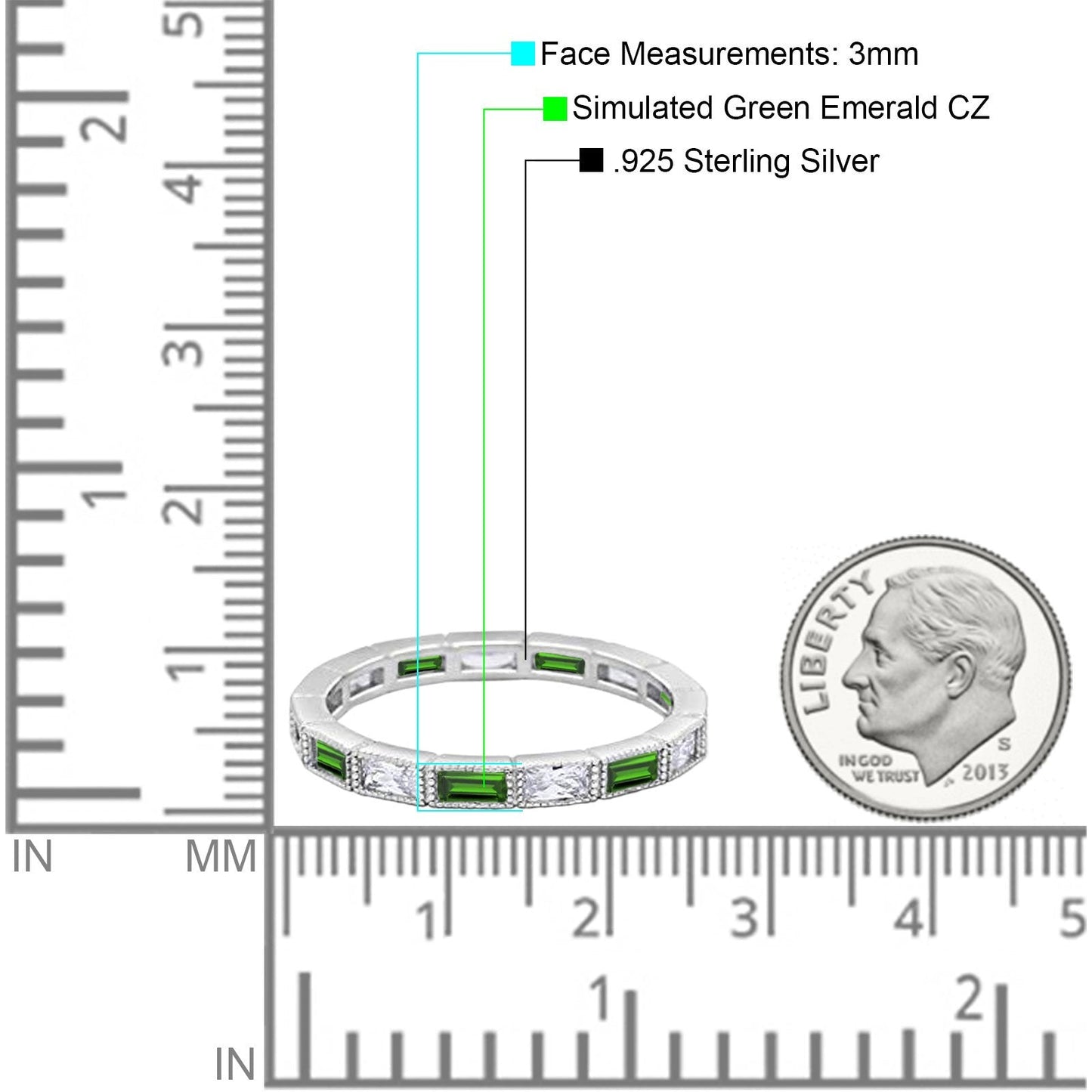 Art Deco Baguette Full Eternity Wedding Band Simulated Green Emerald CZ