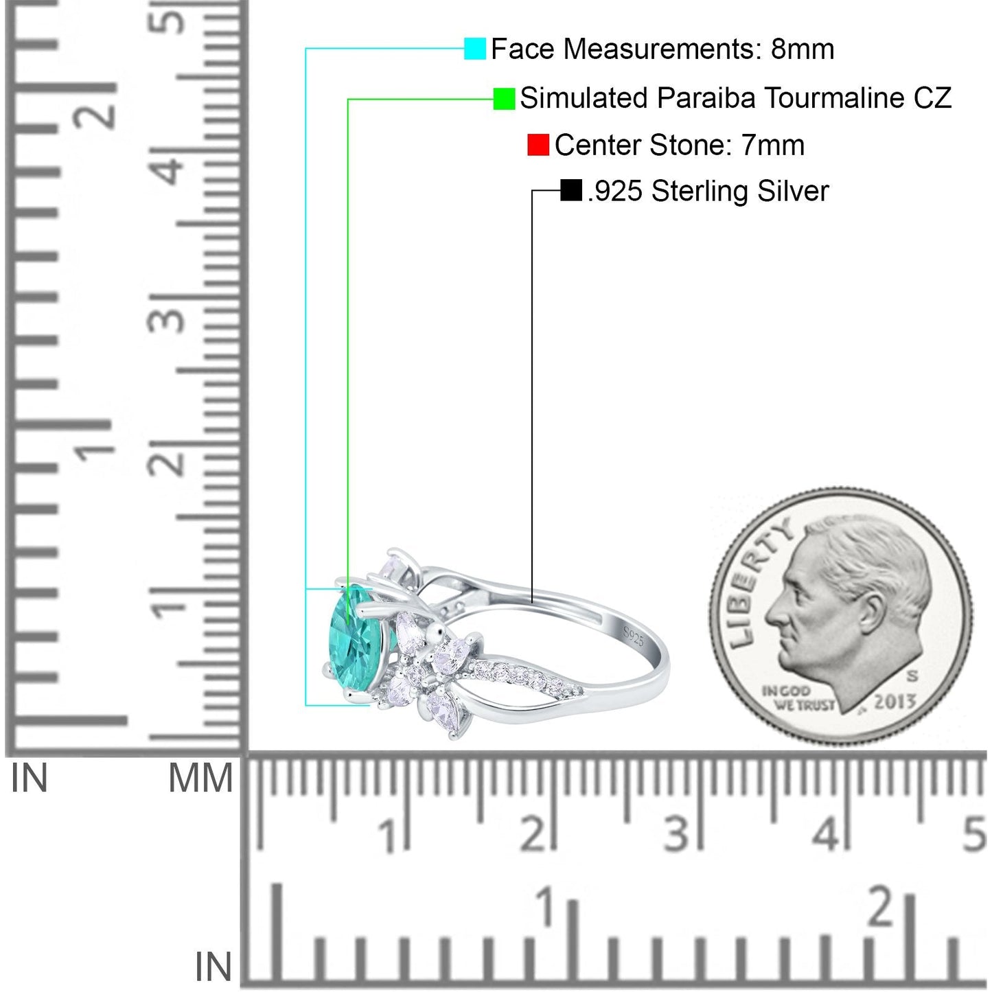 Art Deco Wedding Bridal Ring Round Simulated Paraiba Tourmaline CZ