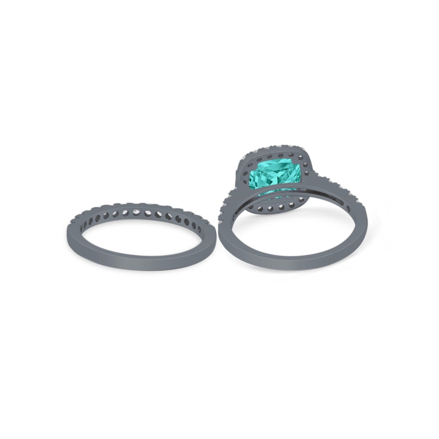 Two Piece Cushion Art Deco Wedding Ring Black Tone, Simulated Paraiba Tourmaline CZ