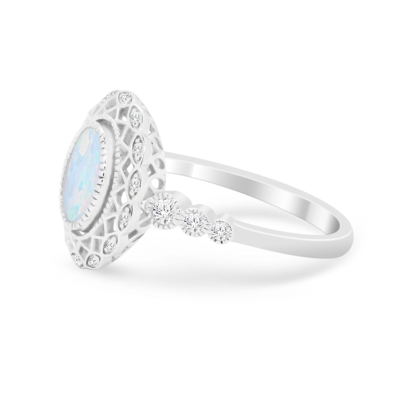 Vintage Style Art Deco Bezel Oval Created White Opal Ring