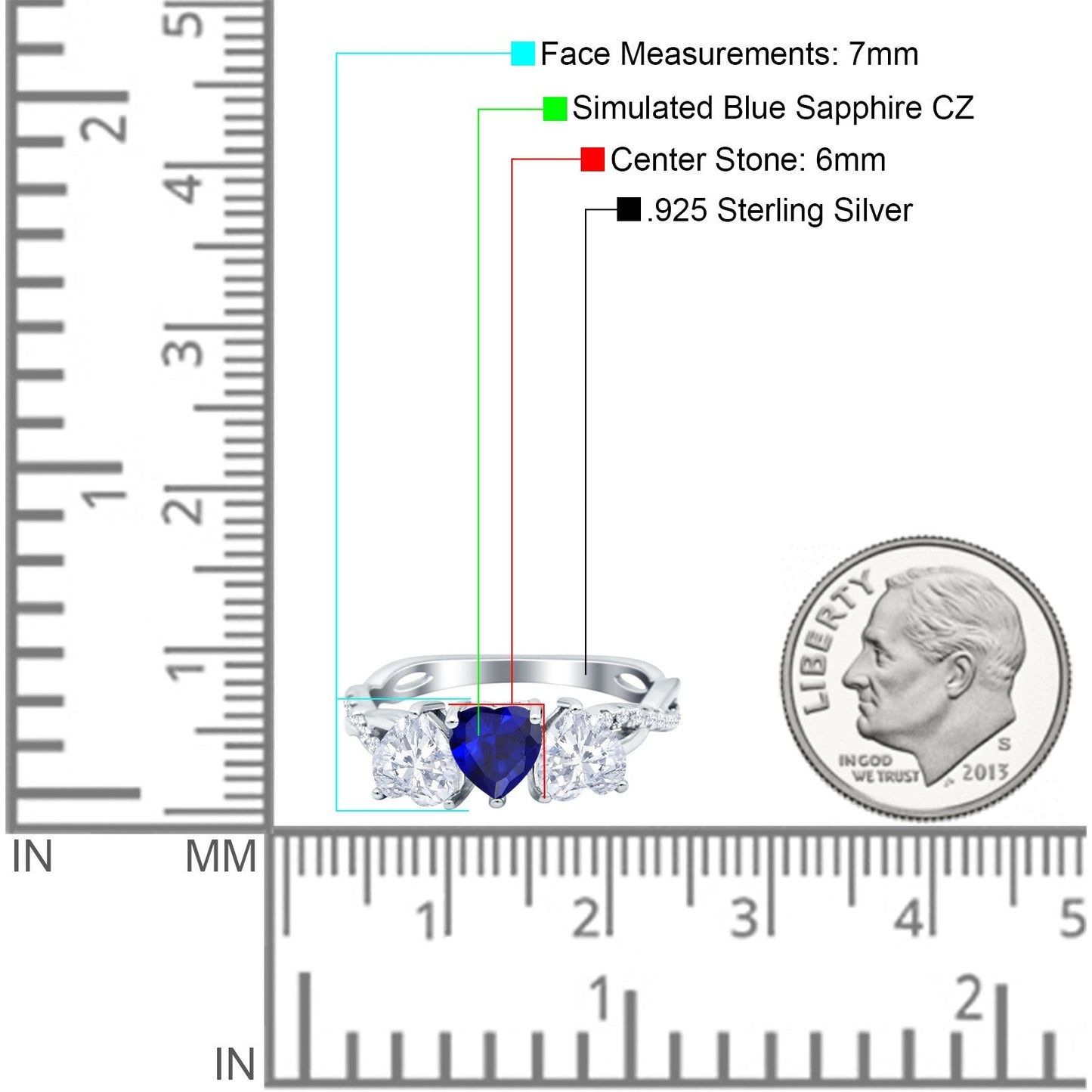 Three Heart Simulated Blue Sapphire CZ Engagement Promise Ring