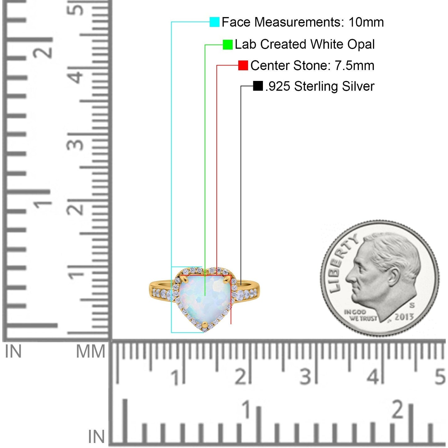 Halo Heart Promise Ring Yellow Tone, Lab Created White Opal