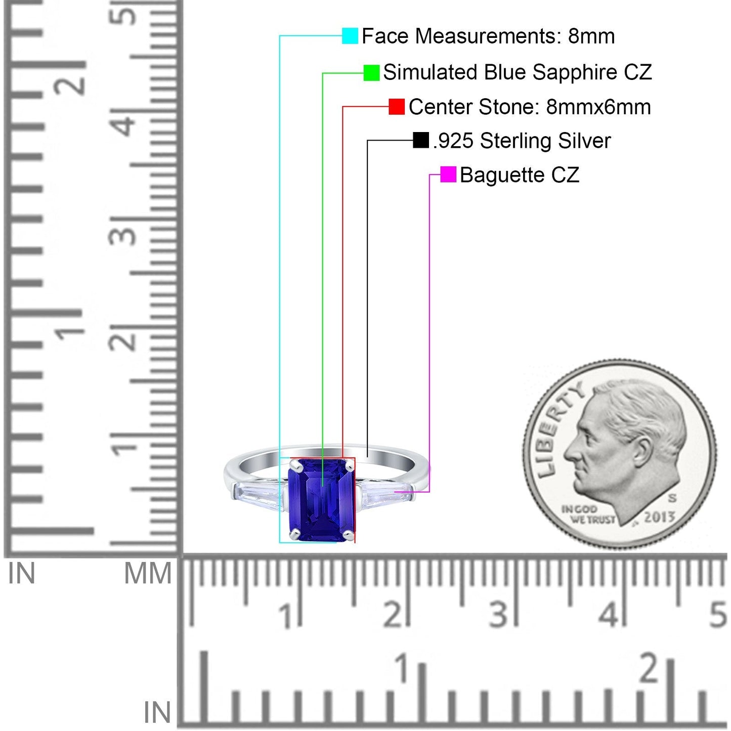 Art Deco Wedding Ring Emerald Cut Simulated Blue Sapphire CZ