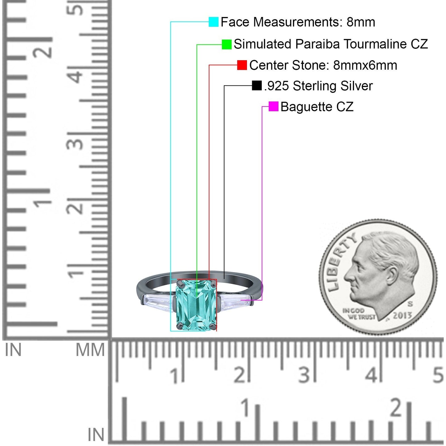 Art Deco Wedding Ring Emerald Cut Black Tone, Simulated Paraiba Tourmaline CZ