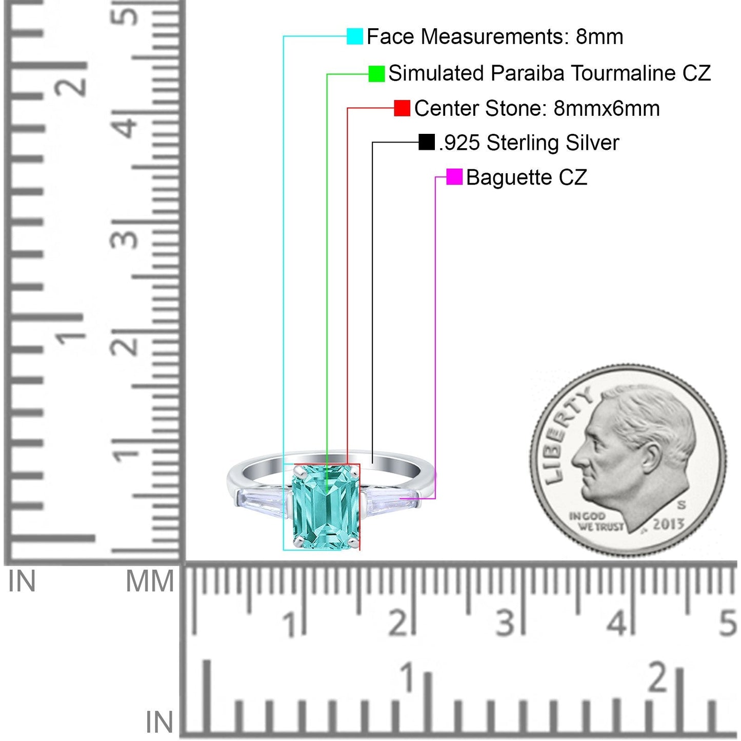 Art Deco Wedding Ring Emerald Cut Simulated Paraiba Tourmaline CZ