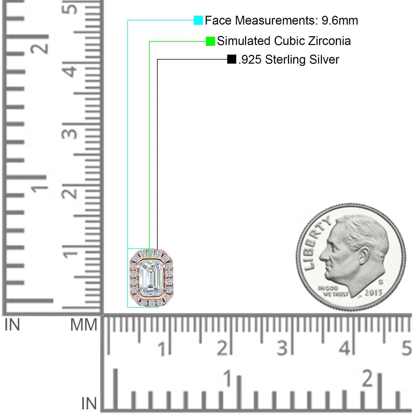 Emerald Cut CZ Halo Stud Earrings Rose Tone