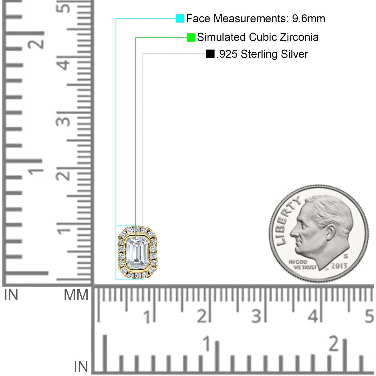 Emerald Cut CZ Halo Stud Earrings Yellow Tone