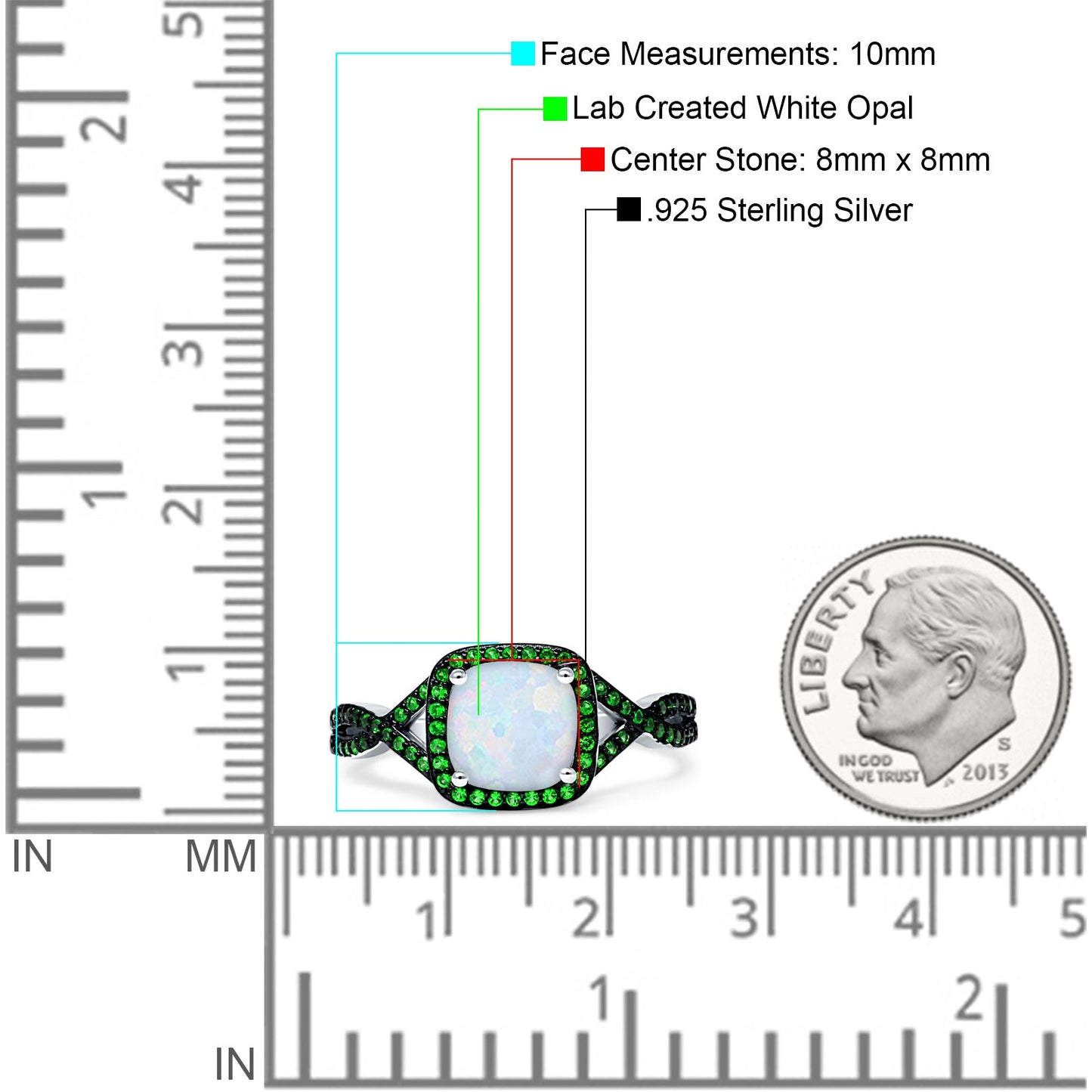 Halo Cushion Infinity Twist Side Stone Green Emerald CZ Fashion Ring Lab Created White Opal