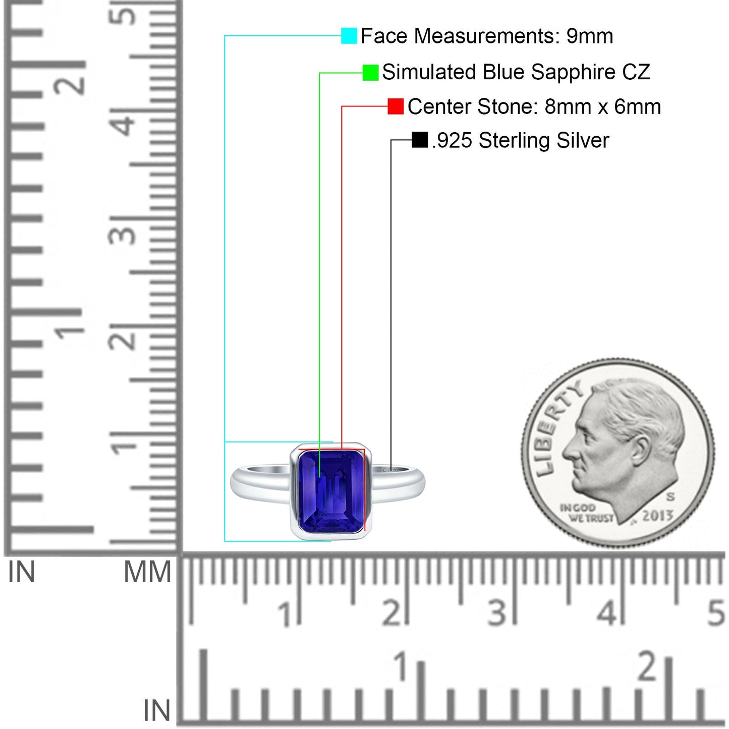 Bezel Set Emerald 8mmx6mm Simulated Blue Sapphire CZ Engagement Ring