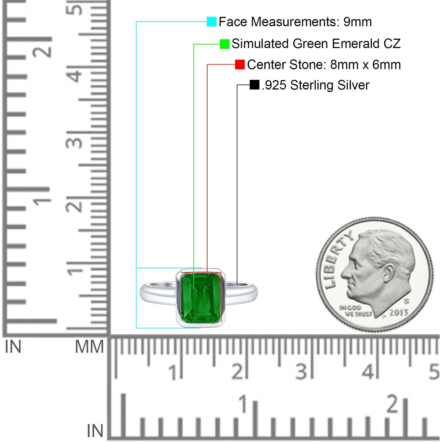 Bezel Set Emerald 8mmx6mm Simulated Green Emerald CZ Engagement Ring